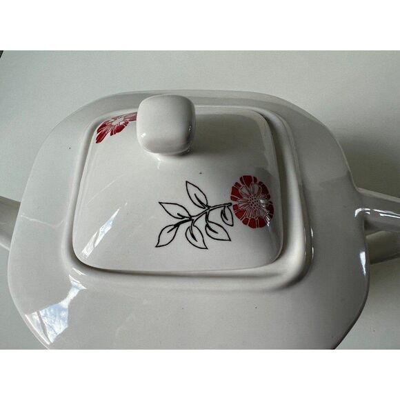 Large White Ceramic Teapot Tea Pot Kettle White Red Black Mums Flowers Gifts - Picture 5 of 7